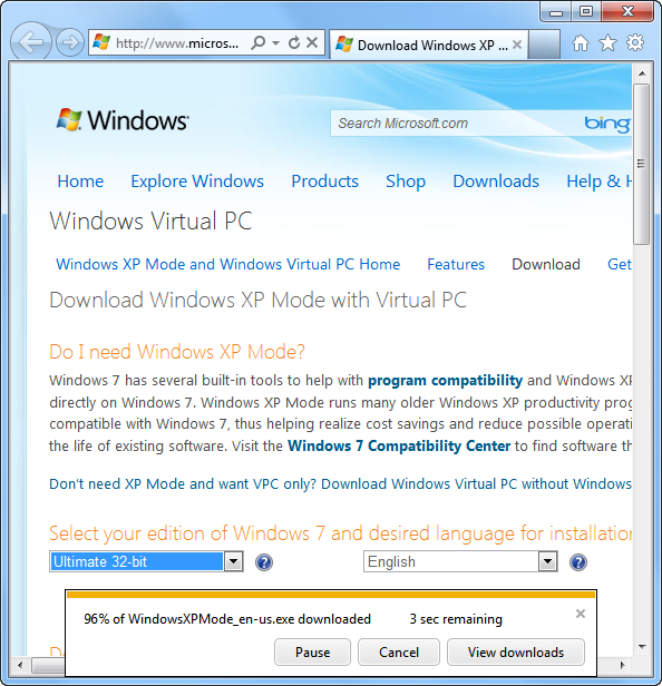 windows virtual pc xp mode